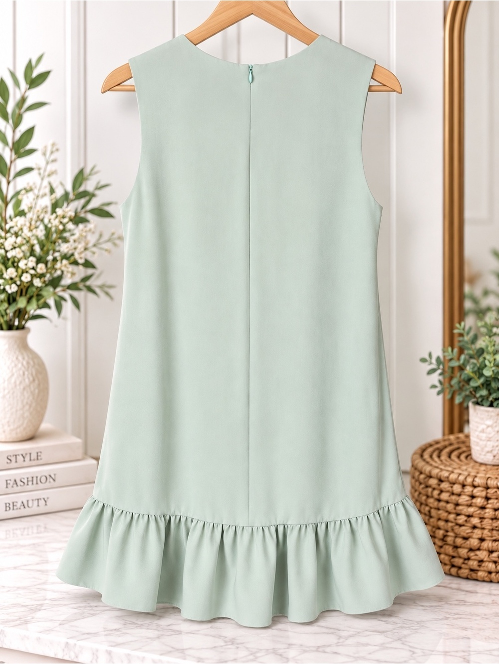 Sage Green Cascading Ruffle Shift Mini Dress | Size Large - Picture 2 of 3